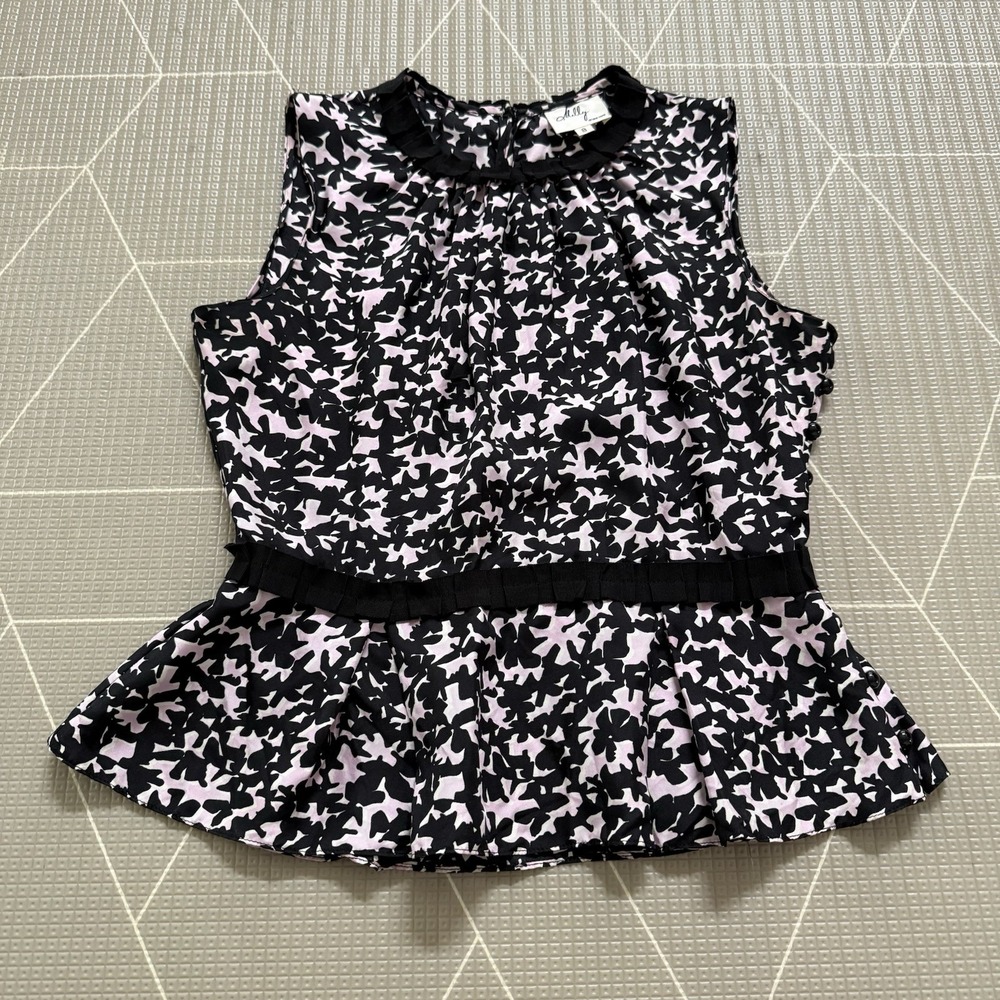 Milly New York Y2K Silk Peplum Top 8 Sleeveless Floral Print Ribbon & Buttons